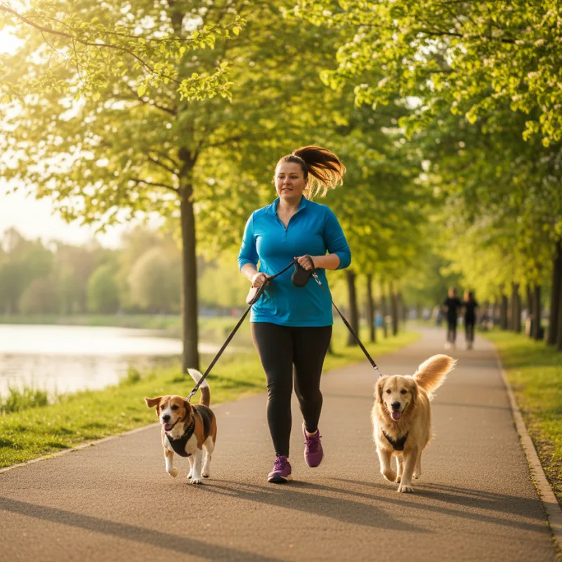 Active dog walking outdoors with owner for exercise and weight loss management