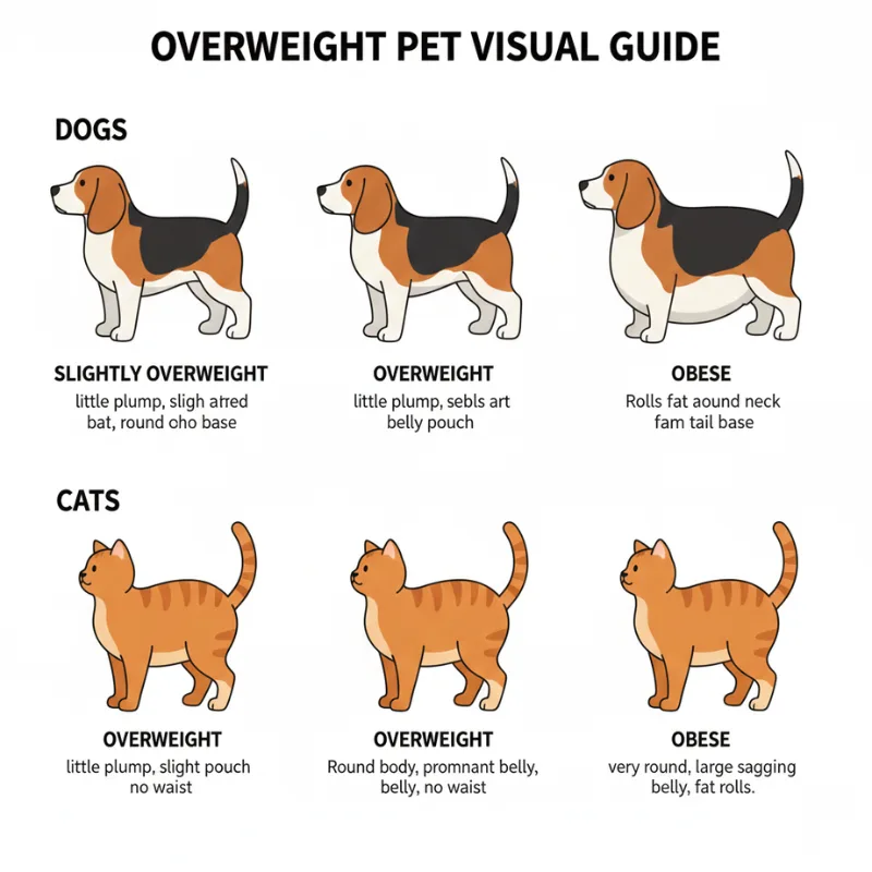 Pet body condition chart showing ideal weight versus overweight and obese dogs and cats