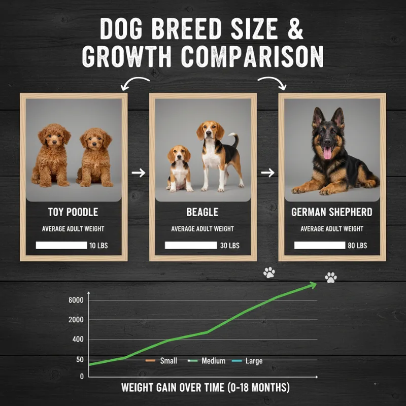 Puppy growth chart comparing weight progression for small medium large and giant dog breeds