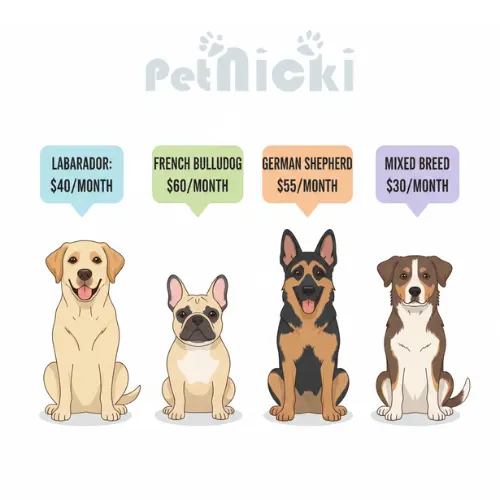 Popular dog breeds with average monthly insurance costs ranging from $35 to $95
