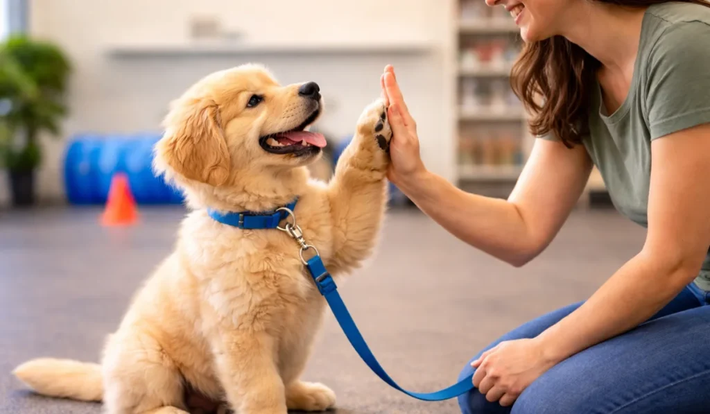 Well-trained puppy sitting with owner after training program