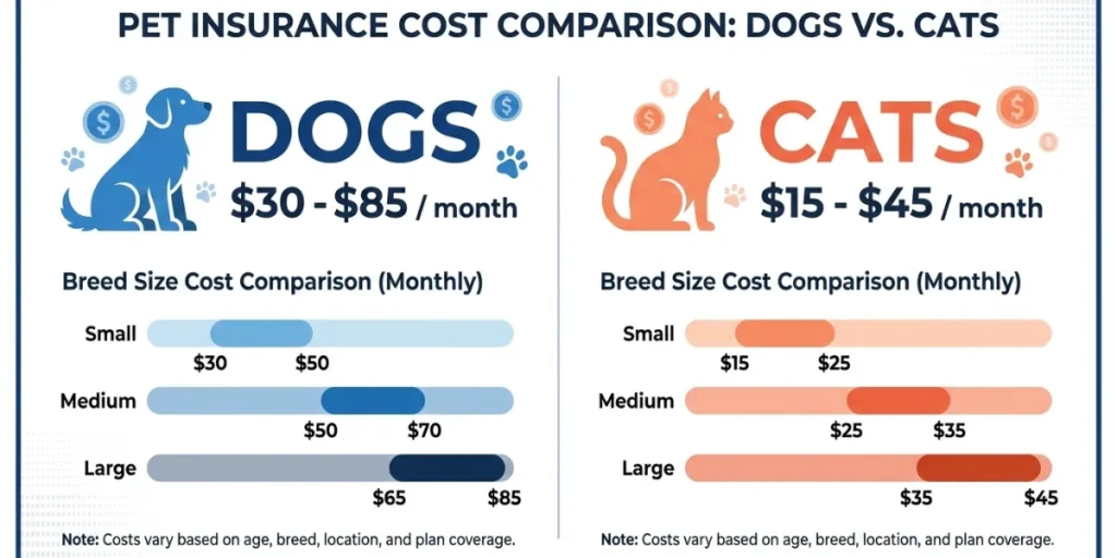 Pet insurance monthly cost comparison chart for dogs and cats