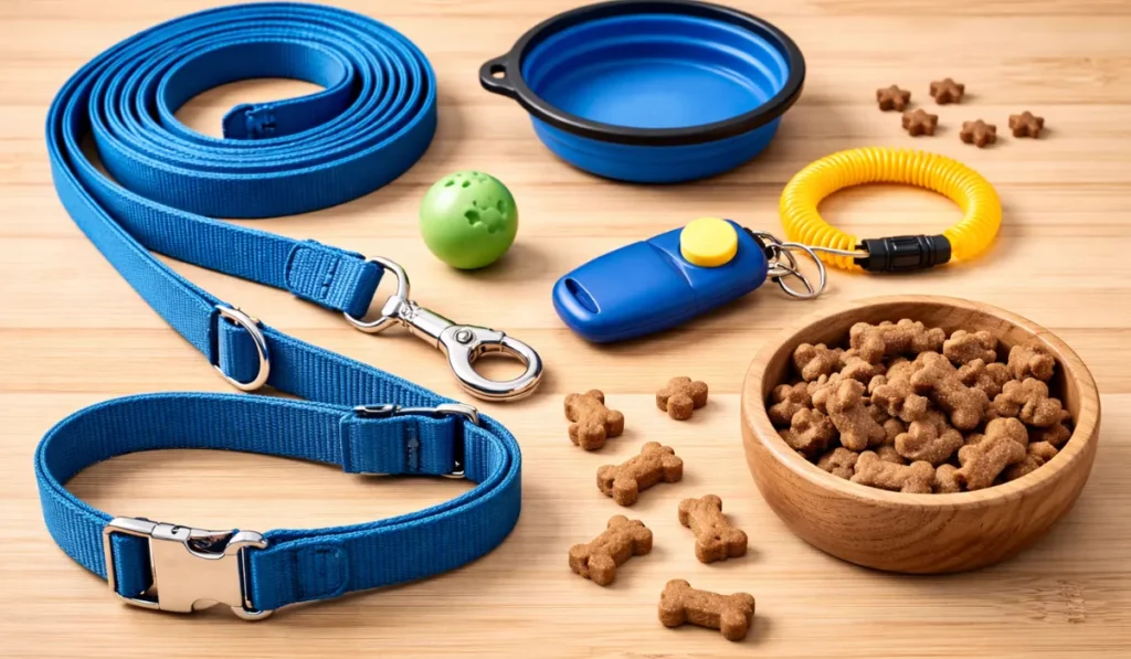Dog training equipment including leash collar and treats