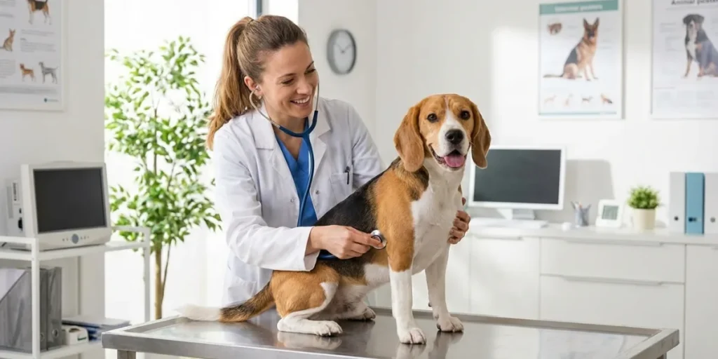 Veterinarian examining healthy dog during medical checkup