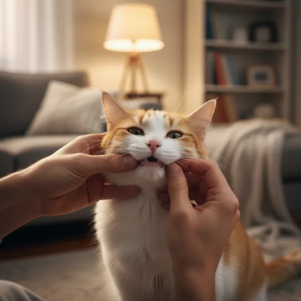 owner gently checking cat's mouth for thorn injury