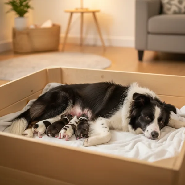 Dog with newborn puppies after whelping