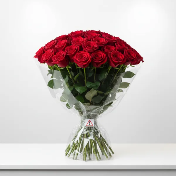 florist roses wrapped in plastic with warning concept