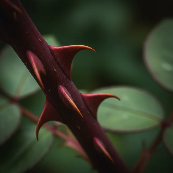 close-up of sharp rose thorns on a stem