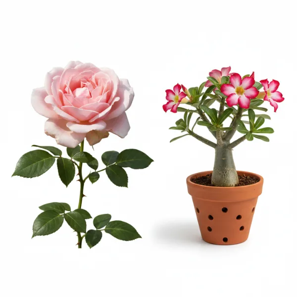 side by side comparison of garden rose and desert rose plant