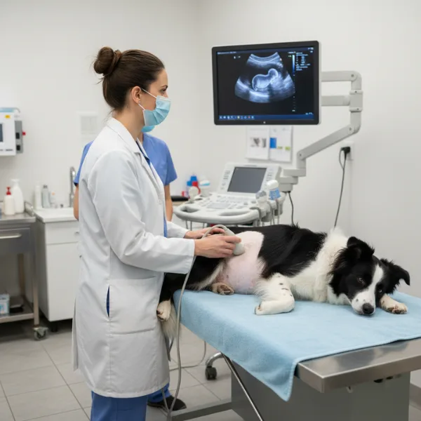 Vet performing ultrasound on pregnant dog