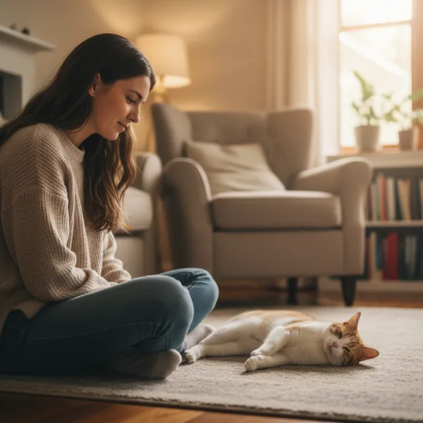cat owner checking cat breathing at home