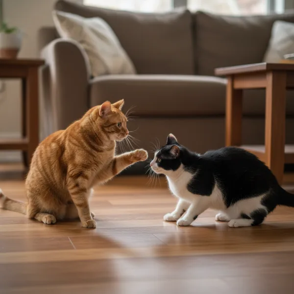 Cats showing signs of conflict after grooming session with defensive body language