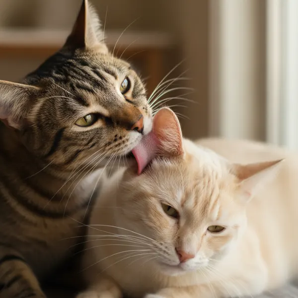 Close-up of cat licking another cat's head showing mutual grooming and bonding behavior