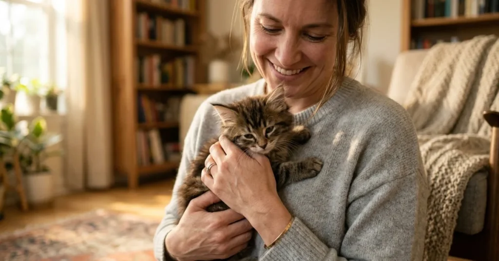 Maine Coon kitten being held by breeder