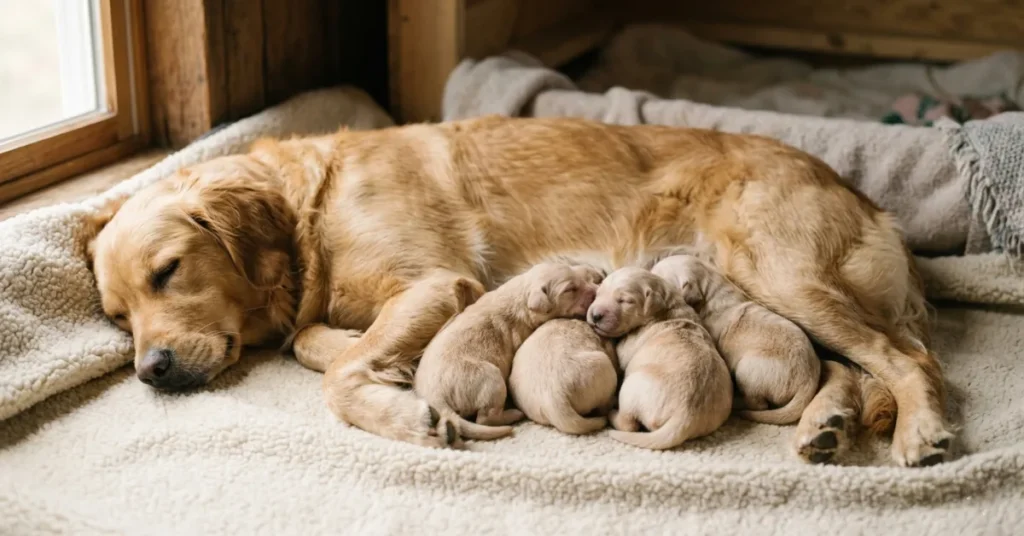 newborn puppies sleeping together with mother