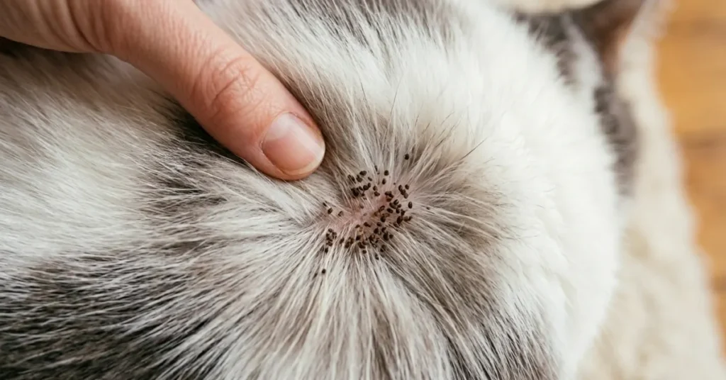 flea dirt visible in cat fur close up