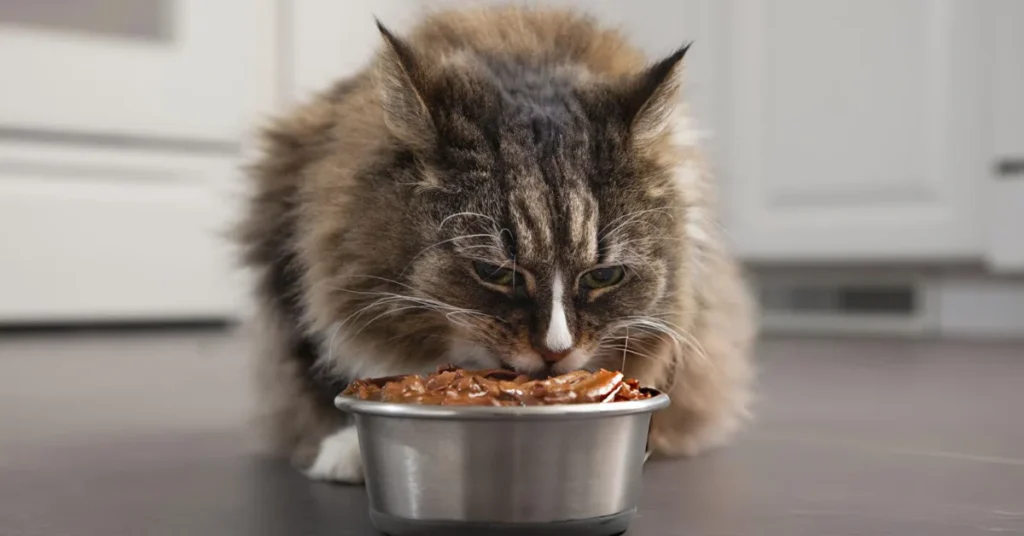 Maine Coon cat eating from food bowl