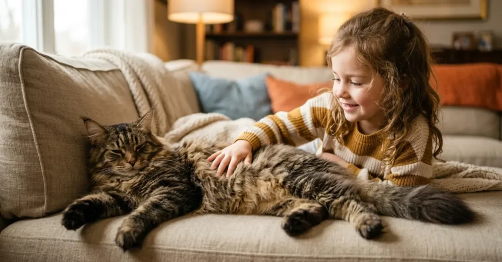 Maine Coon cat lying beside child on couch
