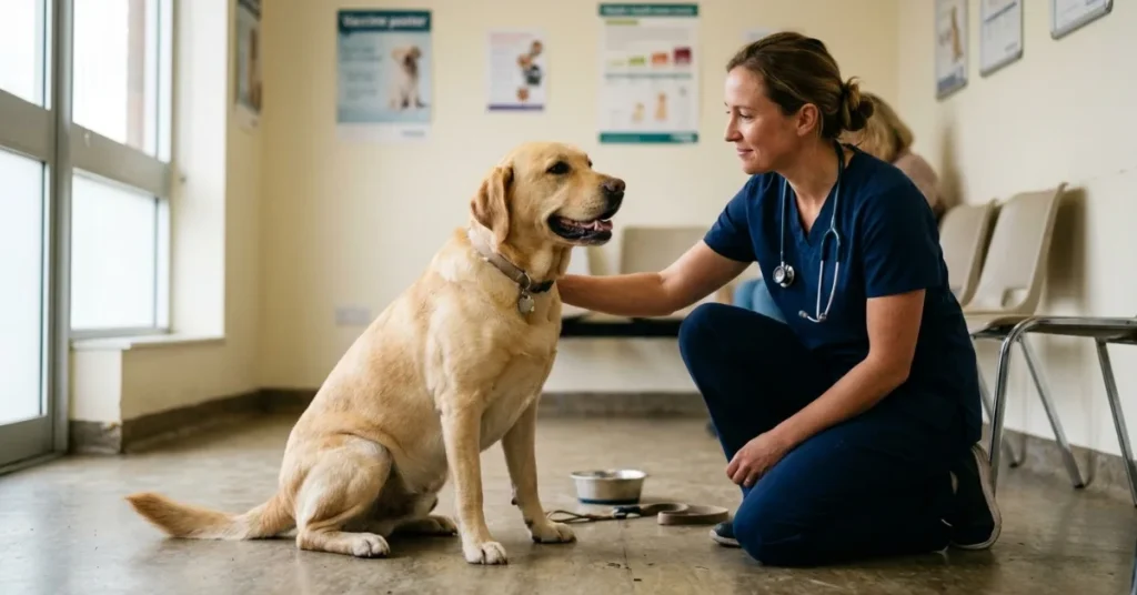 Dog with vet after pyometra prevention