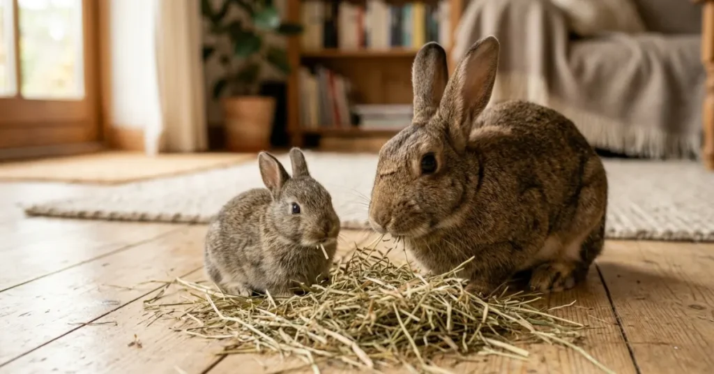 Baby and adult rabbit eating hay together