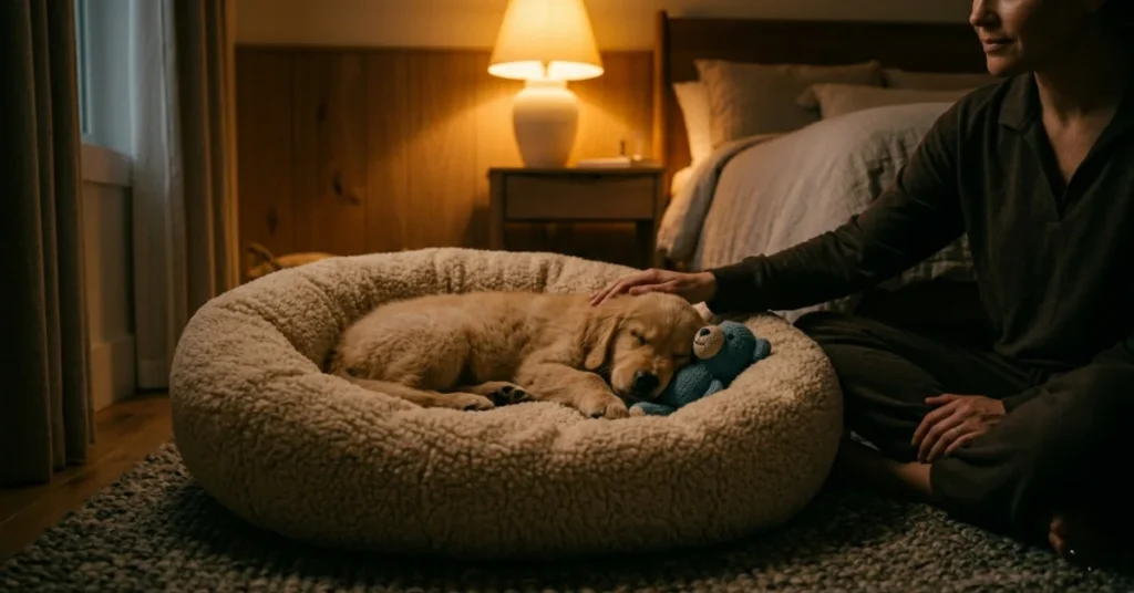 owner comforting crying puppy at night