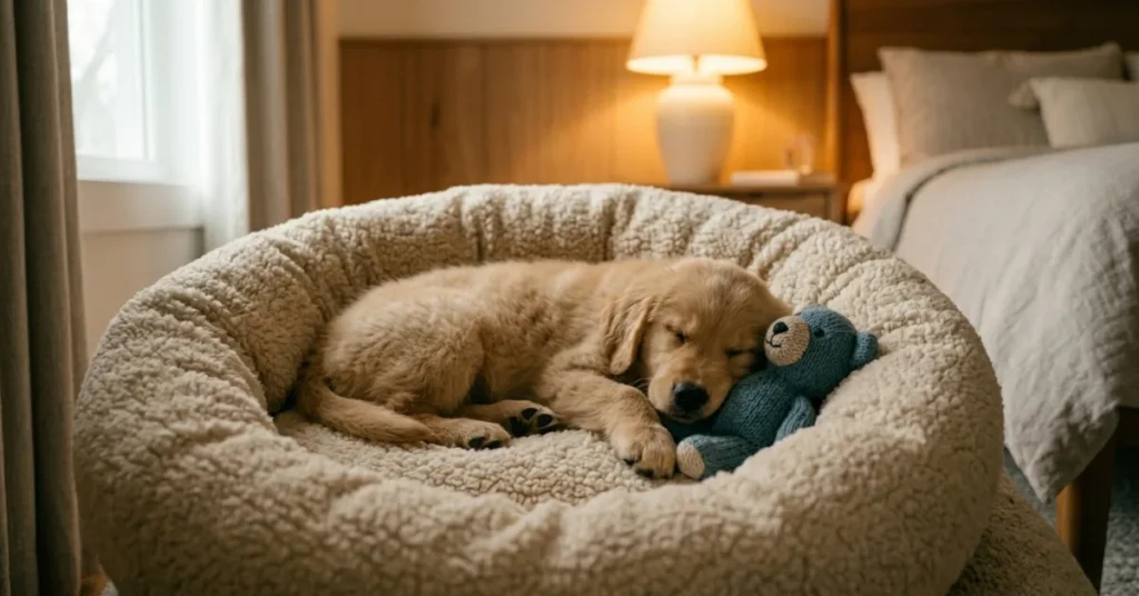 puppy resting comfortably inside a dog crate