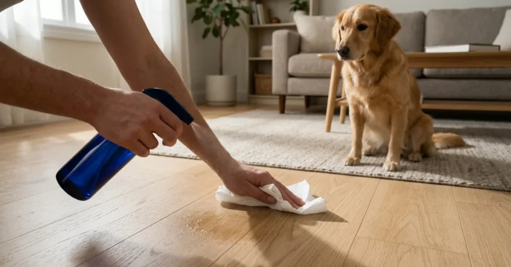 person cleaning floor after dog accident with spray bottle