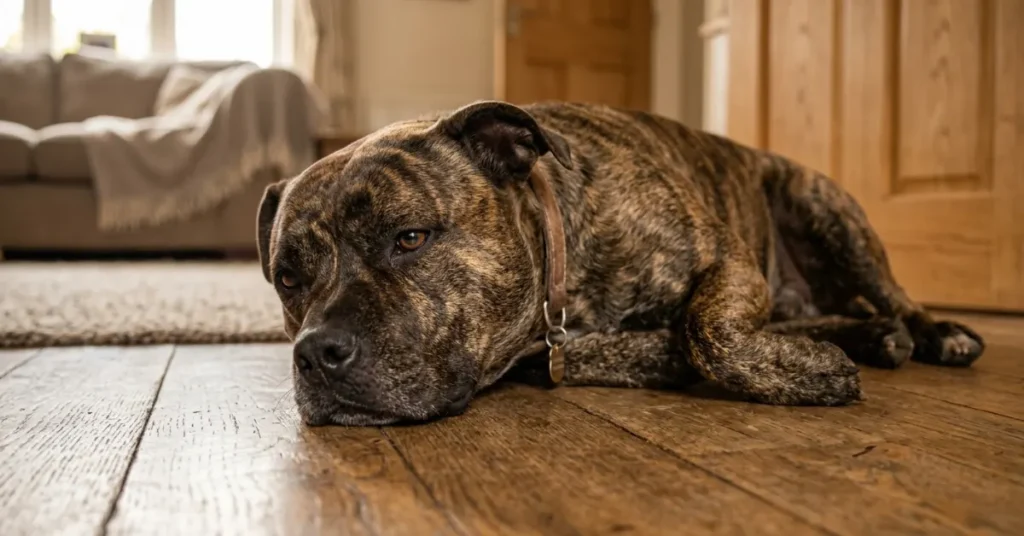 AmStaff resting on wooden floor indoors