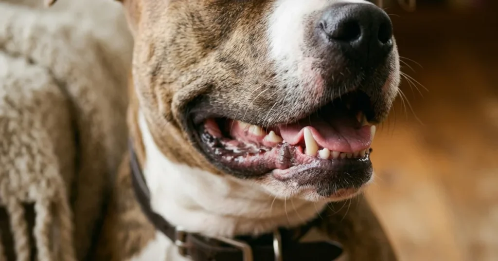 Close up of a pit bull dog jaw showing relaxed mouth