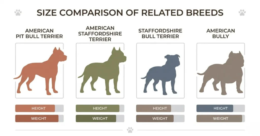 Infographic comparing the 4 official pit bull type breeds by size