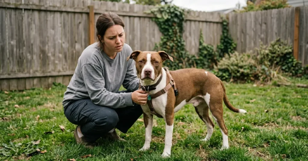 Pit bull dog showing stress body language in backyard