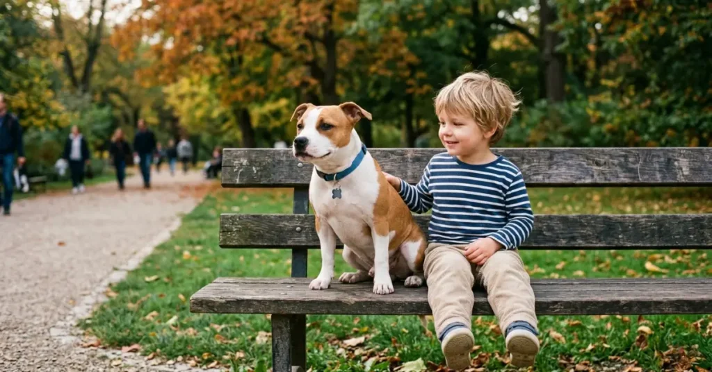 Staffordshire Bull Terrier sitting beside a child on a park bench