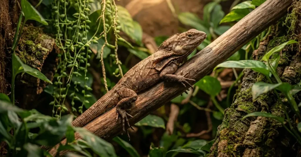 Frilled lizard vivarium setup with tall wooden enclosure and branches