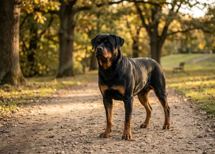 Rottweiler dog standing in natural light