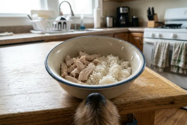 plain boiled chicken and white rice in a dog bowl on a kitchen counter for upset stomach home remedy