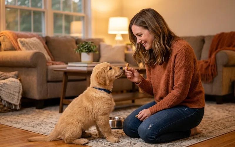 owner training dog with treat for name recognition