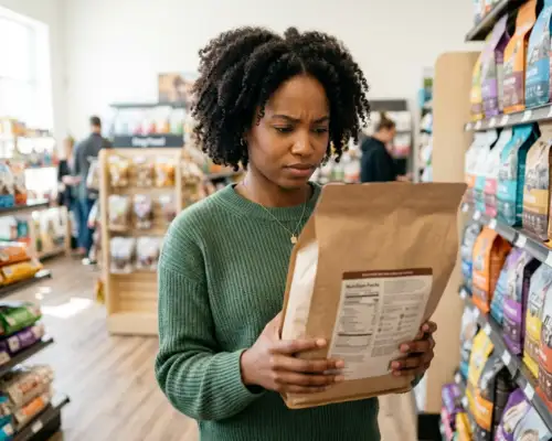 A dog owner reading the ingredients label on a bag of dry dog food in a pet store
