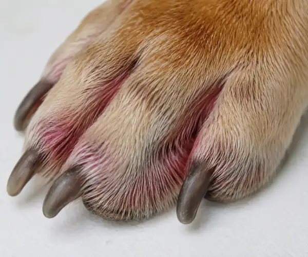 red inflamed dog paw with irritated skin between toes