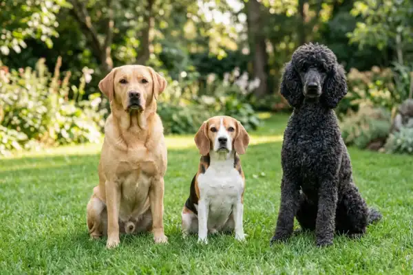 labrador beagle and poodle sitting together outdoors