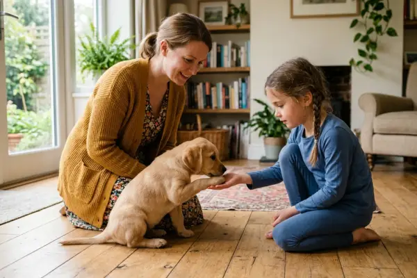 parent supervising child meeting new puppy at home