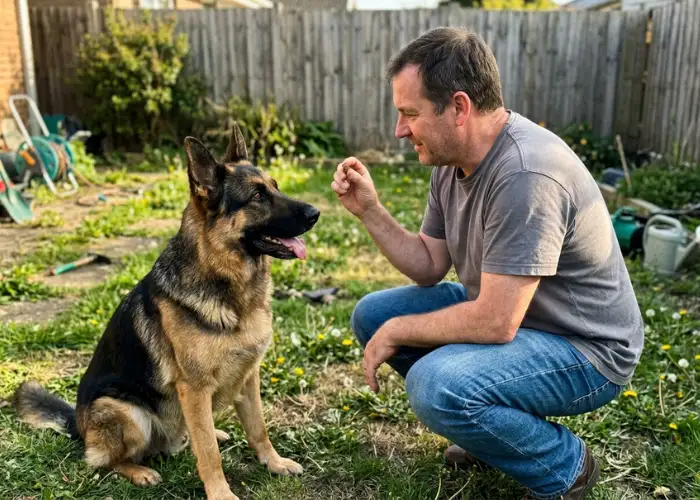 Dog owner training large breed dog outdoors