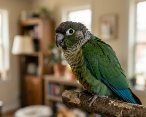 Close-up of a parrot showing fear body language with flattened feathers and tense posture on a wooden perch