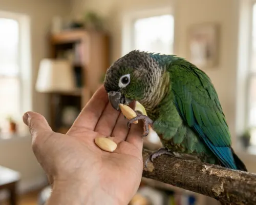 A colorful parrot gently taking a small treat from a person's open hand, calm and relaxed expression
