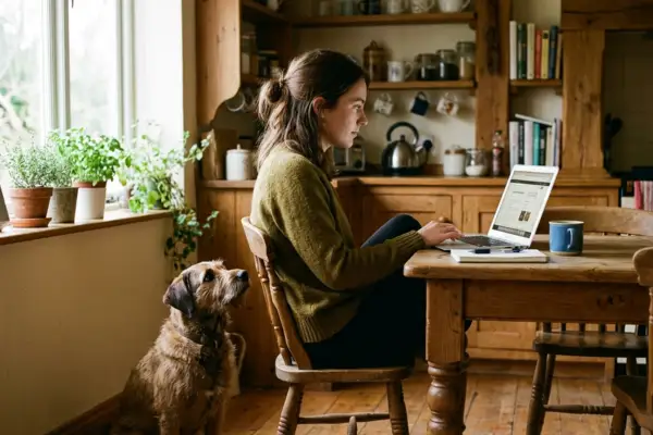 person reviewing lodge booking details with dog beside laptop