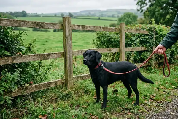 dog on leash near countryside lodge fence