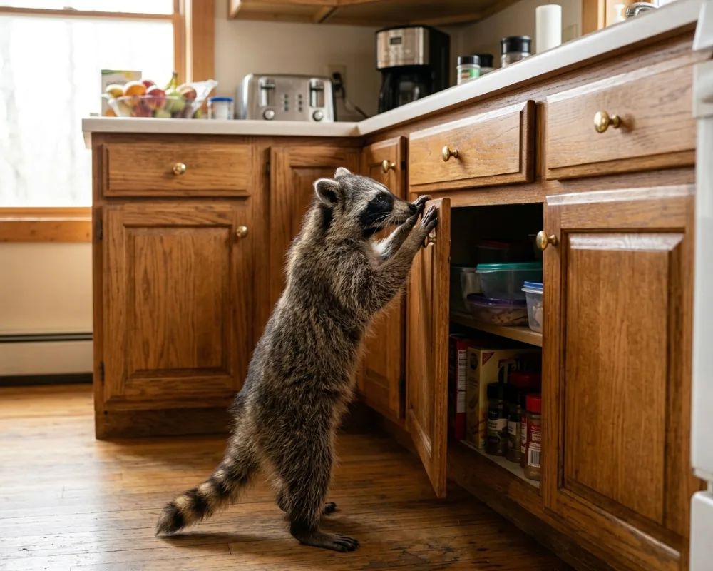 raccoon opening cabinet door inside house