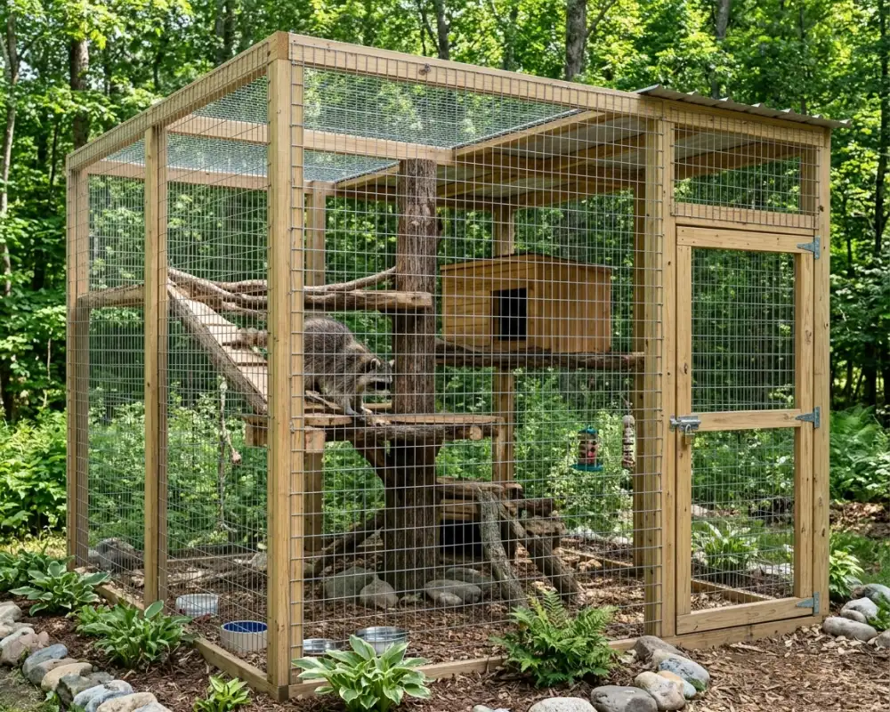 outdoor raccoon enclosure with climbing structure