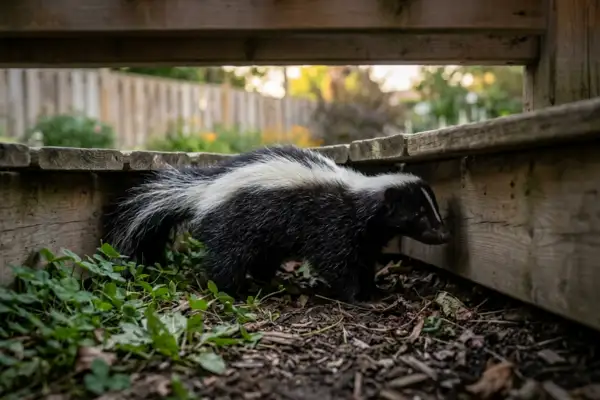 Skunk nesting under backyard deck in spring