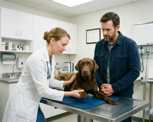 A veterinarian gently examining a dog on a clinic table while the owner watches with concern
