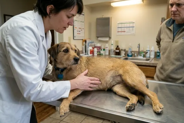 veterinarian gently examining a dog on examination table at a clinic while owner watches